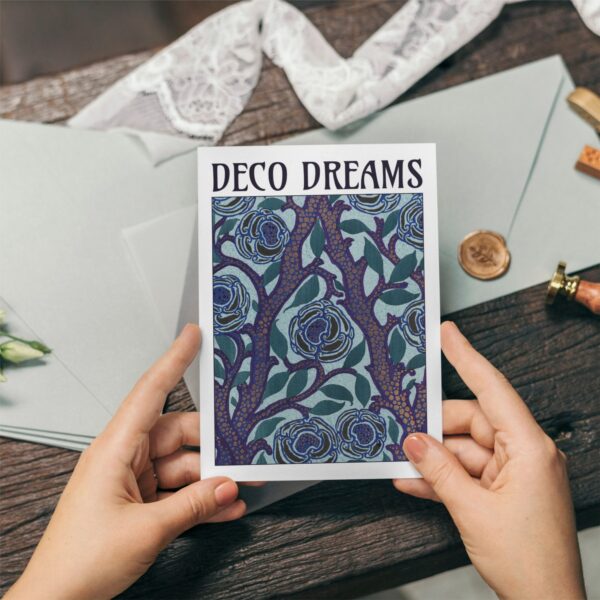 Elegant Indigo Canopy greeting card by Emile-Allain Séguy. Features intricate Art Deco floral patterns in deep blue and green tones. Premium 350gsm FSC-certified cardstock, paired with 150gsm feltmark envelopes. Perfect for art lovers, gifting, and décor.