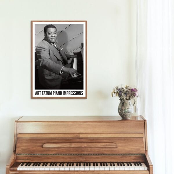 Art Tatum jazz poster with a vintage black-and-white portrait of the legendary pianist at the piano, taken by William P. Gottlieb in New York. A must-have for jazz lovers, music history fans, and vintage decor collectors. Perfect for home or studio.