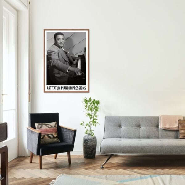 Art Tatum jazz poster with a vintage black-and-white portrait of the legendary pianist at the piano, taken by William P. Gottlieb in New York. A must-have for jazz lovers, music history fans, and vintage decor collectors. Perfect for home or studio.