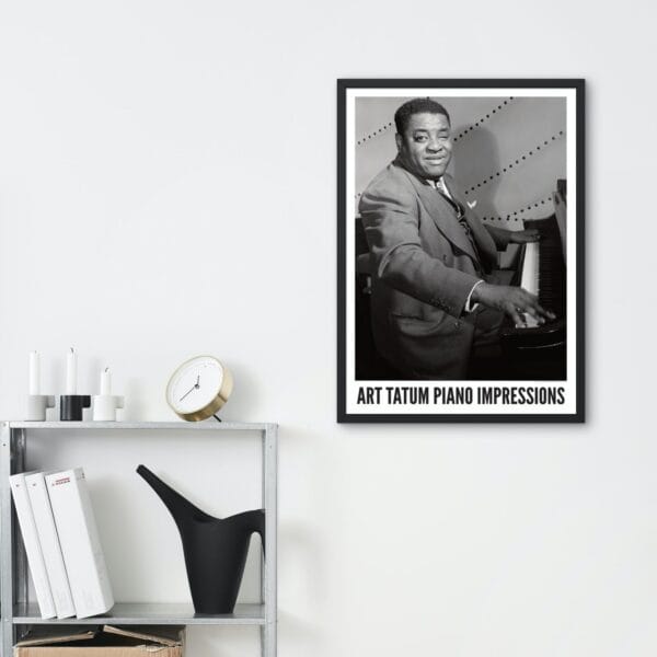 Art Tatum jazz poster with a vintage black-and-white portrait of the legendary pianist at the piano, taken by William P. Gottlieb in New York. A must-have for jazz lovers, music history fans, and vintage decor collectors. Perfect for home or studio.