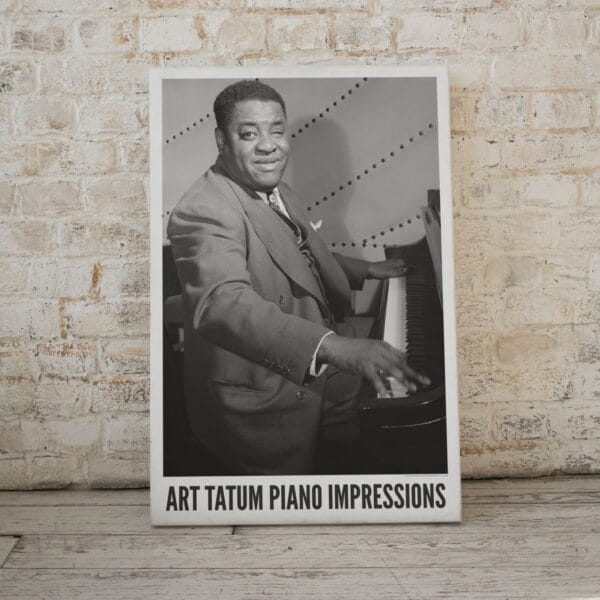 Art Tatum jazz poster with a vintage black-and-white portrait of the legendary pianist at the piano, taken by William P. Gottlieb in New York. A must-have for jazz lovers, music history fans, and vintage decor collectors. Perfect for home or studio.