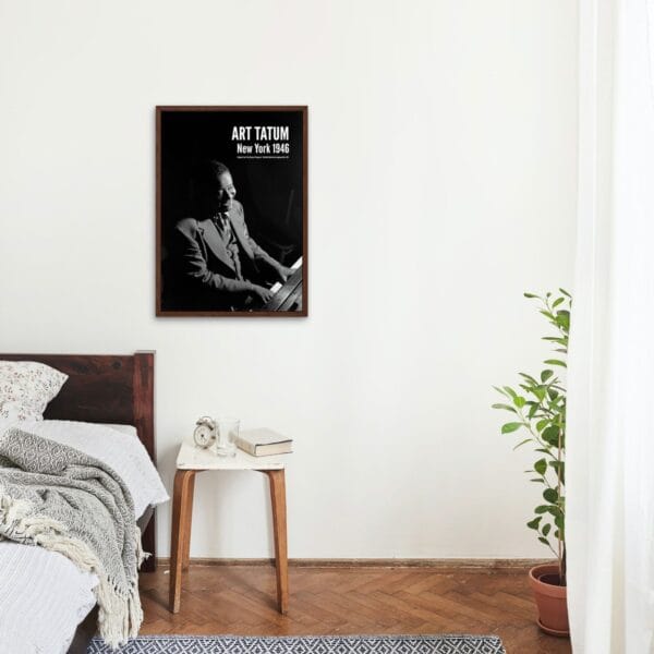 Art Tatum jazz poster with a vintage black-and-white portrait of the legendary pianist at the piano, taken by William P. Gottlieb in New York. A must-have for jazz lovers, music history fans, and vintage decor collectors. Perfect for home or studio.