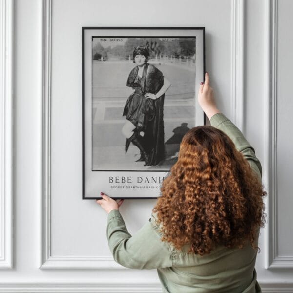 Bebe Daniels vintage movie poster featuring a black and white classic Hollywood photograph from the George Grantham Bain Collection. A must-have for silent film enthusiasts, retro movie lovers, and collectors of old Hollywood decor. Available as a premium art print or foam board for easy wall mounting