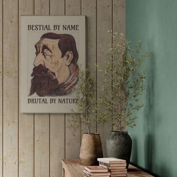 Vintage satirical art print by Achille Belloguet, featuring a surreal phrenology-inspired caricature. Available framed or unframed, this historical political satire artwork is a unique conversation starter for home decor, office spaces, and collectors. Perfect for art lovers, history buffs, and fans of dark humor and thought-provoking wall decor.