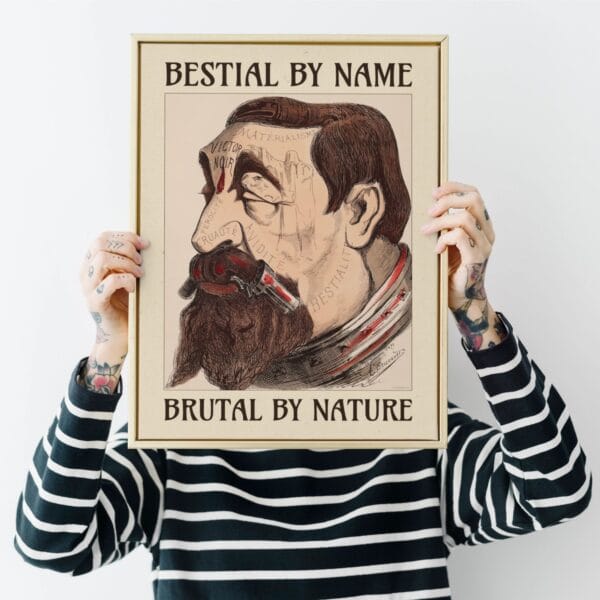 Vintage satirical art print by Achille Belloguet, featuring a surreal phrenology-inspired caricature. Available framed or unframed, this historical political satire artwork is a unique conversation starter for home decor, office spaces, and collectors. Perfect for art lovers, history buffs, and fans of dark humor and thought-provoking wall decor.