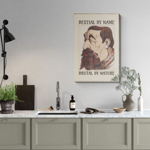 Vintage satirical art print by Achille Belloguet, featuring a surreal phrenology-inspired caricature. Available framed or unframed, this historical political satire artwork is a unique conversation starter for home decor, office spaces, and collectors. Perfect for art lovers, history buffs, and fans of dark humor and thought-provoking wall decor.