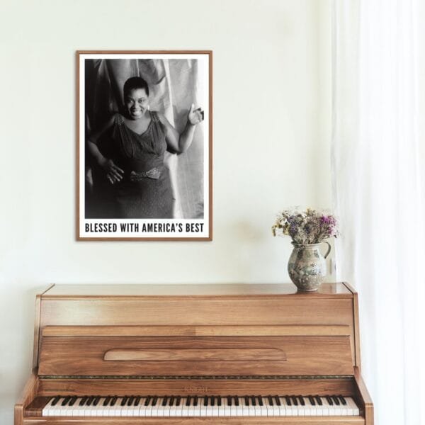 Vintage Bessie Smith poster featuring the Empress of the Blues in a timeless black-and-white jazz portrait. Perfect wall art for jazz lovers, music history enthusiasts, and retro decor fans. Ideal for living room, office, or bedroom jazz-themed decor.