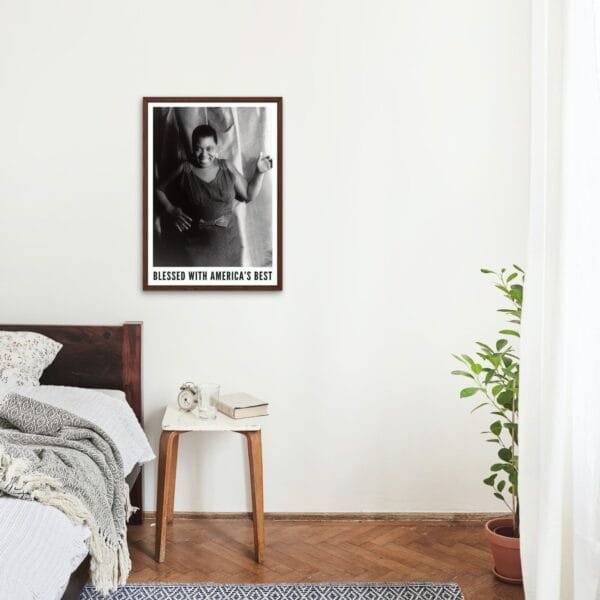 Vintage Bessie Smith poster featuring the Empress of the Blues in a timeless black-and-white jazz portrait. Perfect wall art for jazz lovers, music history enthusiasts, and retro decor fans. Ideal for living room, office, or bedroom jazz-themed decor.