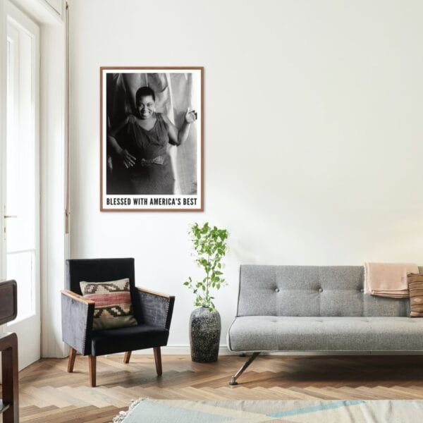 Vintage Bessie Smith poster featuring the Empress of the Blues in a timeless black-and-white jazz portrait. Perfect wall art for jazz lovers, music history enthusiasts, and retro decor fans. Ideal for living room, office, or bedroom jazz-themed decor.