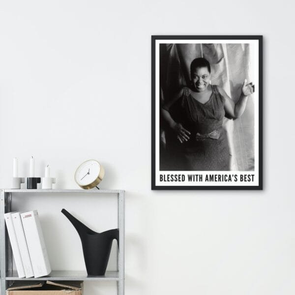 Vintage Bessie Smith poster featuring the Empress of the Blues in a timeless black-and-white jazz portrait. Perfect wall art for jazz lovers, music history enthusiasts, and retro decor fans. Ideal for living room, office, or bedroom jazz-themed decor.