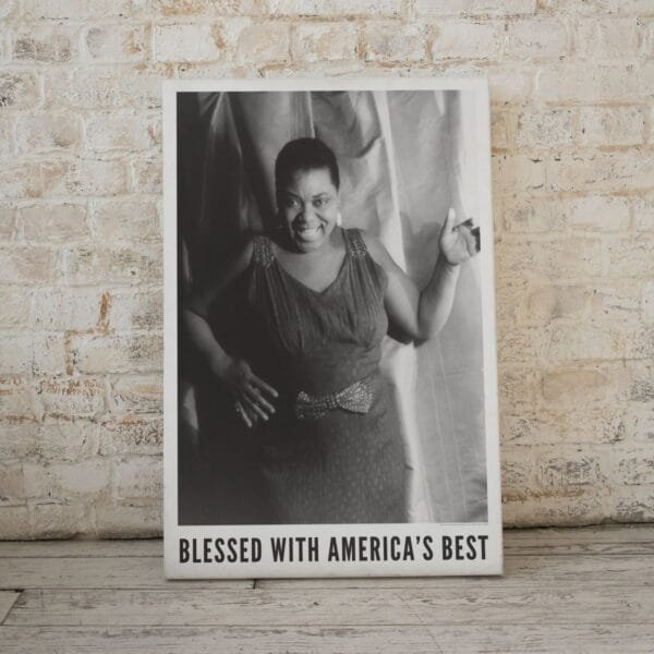 Vintage Bessie Smith poster featuring the Empress of the Blues in a timeless black-and-white jazz portrait. Perfect wall art for jazz lovers, music history enthusiasts, and retro decor fans. Ideal for living room, office, or bedroom jazz-themed decor.