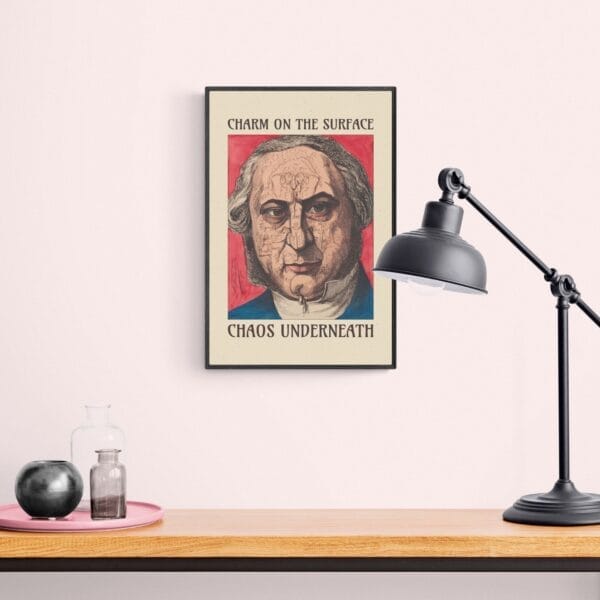 Vintage satirical art print by Achille Belloguet, featuring a surreal phrenology-inspired caricature. Available framed or unframed, this historical political satire artwork is a unique conversation starter for home decor, office spaces, and collectors. Perfect for art lovers, history buffs, and fans of dark humor and thought-provoking wall decor.