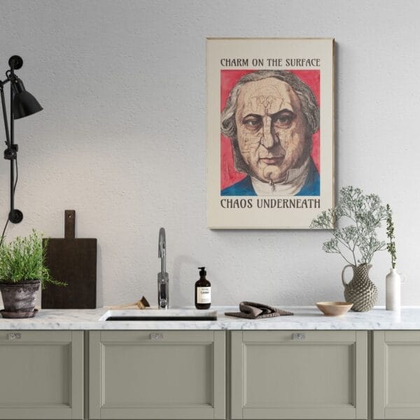 Vintage satirical art print by Achille Belloguet, featuring a surreal phrenology-inspired caricature. Available framed or unframed, this historical political satire artwork is a unique conversation starter for home decor, office spaces, and collectors. Perfect for art lovers, history buffs, and fans of dark humor and thought-provoking wall decor.