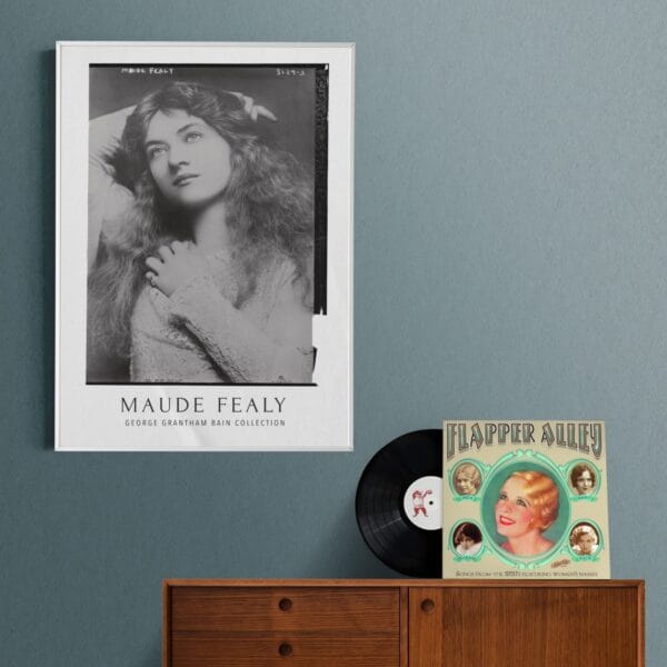 Vintage black and white Maude Fealy poster featuring a portrait of the silent film actress from the George Grantham Bain Collection. Classic Hollywood wall art, perfect for retro cinema lovers and film history enthusiasts.