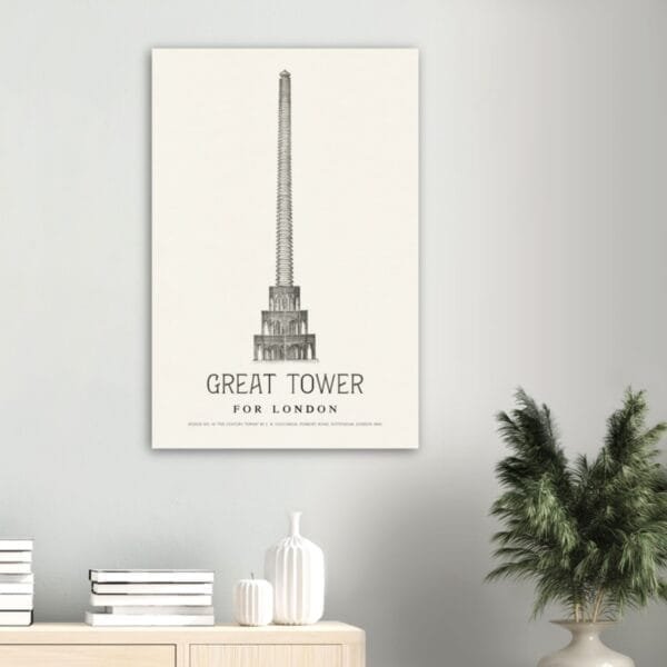 Great Tower of London Design No. 19 - A visionary 1890 architectural concept featuring an elongated, screw-like tower. A fascinating piece of urban history and Victorian-era innovation, perfect for lovers of historical landmarks and vintage blueprint art.