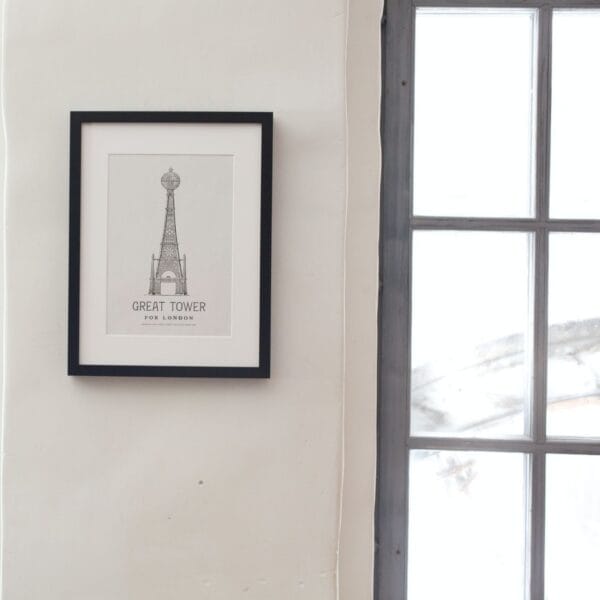 Vintage architectural illustration of an alternate Eiffel Tower-inspired ‘Great Tower for London’ design. Elegant, detailed line drawing in black and white, perfect for history and engineering enthusiasts. Classic blueprint-style artwork for home or office decor.