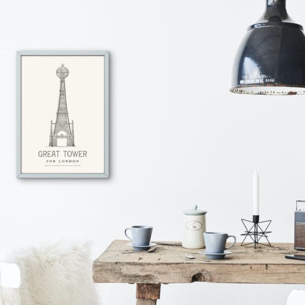 Vintage architectural illustration of an alternate Eiffel Tower-inspired ‘Great Tower for London’ design. Elegant, detailed line drawing in black and white, perfect for history and engineering enthusiasts. Classic blueprint-style artwork for home or office decor.