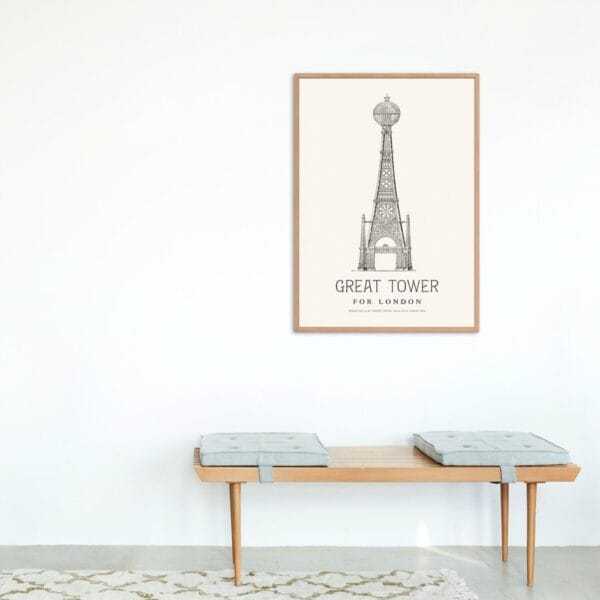 Vintage architectural illustration of an alternate Eiffel Tower-inspired ‘Great Tower for London’ design. Elegant, detailed line drawing in black and white, perfect for history and engineering enthusiasts. Classic blueprint-style artwork for home or office decor.