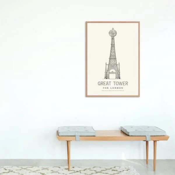 Vintage architectural illustration of an alternate Eiffel Tower-inspired ‘Great Tower for London’ design. Elegant, detailed line drawing in black and white, perfect for history and engineering enthusiasts. Classic blueprint-style artwork for home or office decor.