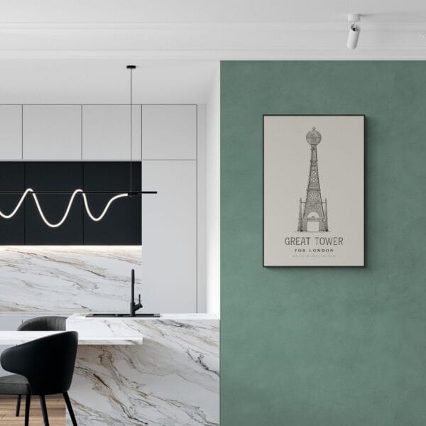 Vintage architectural illustration of an alternate Eiffel Tower-inspired ‘Great Tower for London’ design. Elegant, detailed line drawing in black and white, perfect for history and engineering enthusiasts. Classic blueprint-style artwork for home or office decor.