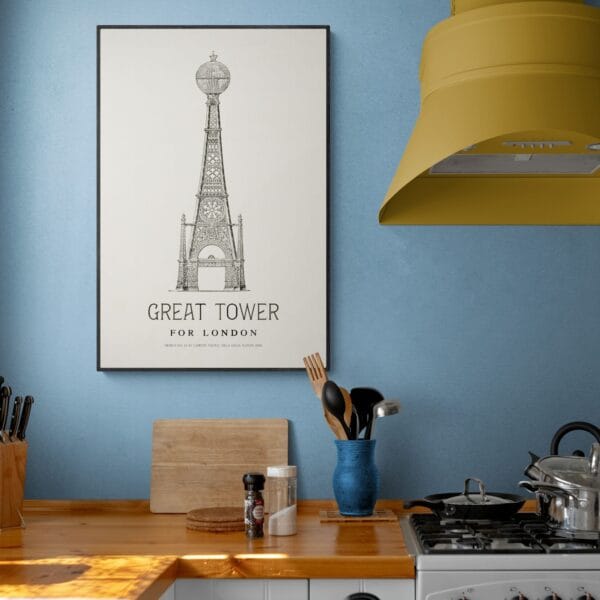 Vintage architectural illustration of an alternate Eiffel Tower-inspired ‘Great Tower for London’ design. Elegant, detailed line drawing in black and white, perfect for history and engineering enthusiasts. Classic blueprint-style artwork for home or office decor.