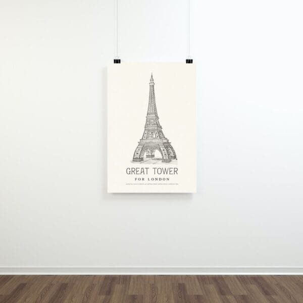 Vintage architectural print of an alternative Great Tower for London, inspired by 19th-century designs. A historical reimagining of a grand structure, perfect for architecture lovers, history buffs, and vintage art collectors. Ideal for home or office wall decor.