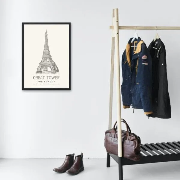 Vintage architectural print of an alternative Great Tower for London, inspired by 19th-century designs. A historical reimagining of a grand structure, perfect for architecture lovers, history buffs, and vintage art collectors. Ideal for home or office wall decor.