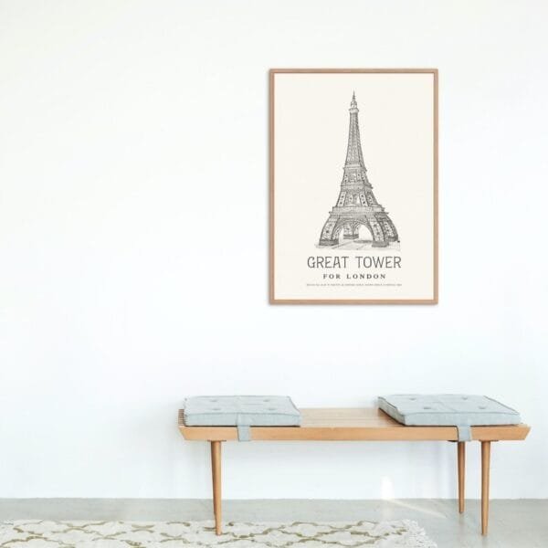 Vintage architectural print of an alternative Great Tower for London, inspired by 19th-century designs. A historical reimagining of a grand structure, perfect for architecture lovers, history buffs, and vintage art collectors. Ideal for home or office wall decor.