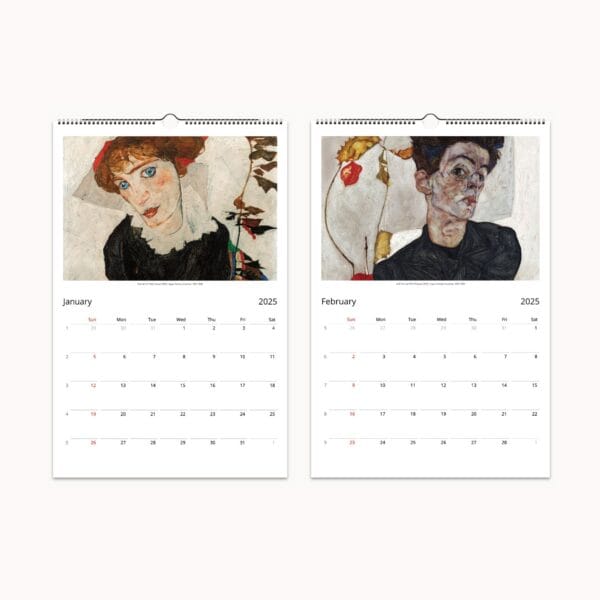 Egon Schiele Wall Calendar with 12 iconic Expressionist masterpieces. Features bold lines, raw emotion, and avant-garde vision. Printed on semi-glossy silk paper, perfect for framing after use. Ideal for art lovers and collectors.