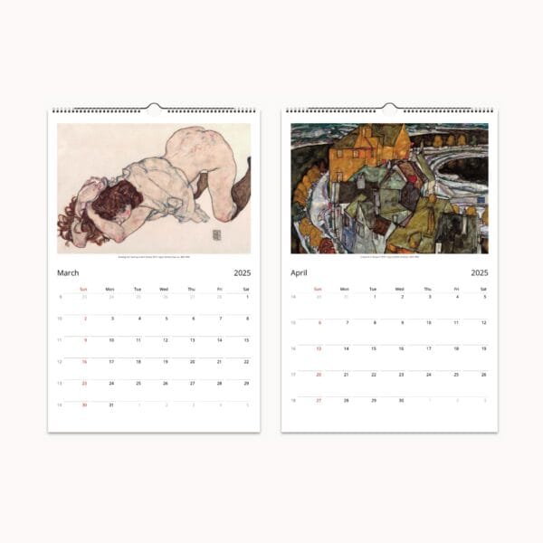 Egon Schiele Wall Calendar with 12 iconic Expressionist masterpieces. Features bold lines, raw emotion, and avant-garde vision. Printed on semi-glossy silk paper, perfect for framing after use. Ideal for art lovers and collectors.