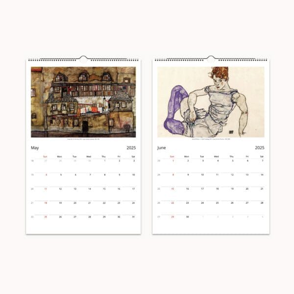 Egon Schiele Wall Calendar with 12 iconic Expressionist masterpieces. Features bold lines, raw emotion, and avant-garde vision. Printed on semi-glossy silk paper, perfect for framing after use. Ideal for art lovers and collectors.