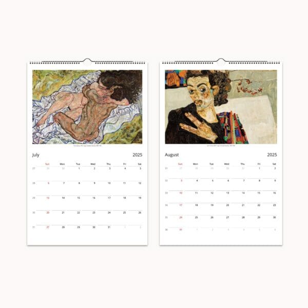 Egon Schiele Wall Calendar with 12 iconic Expressionist masterpieces. Features bold lines, raw emotion, and avant-garde vision. Printed on semi-glossy silk paper, perfect for framing after use. Ideal for art lovers and collectors.