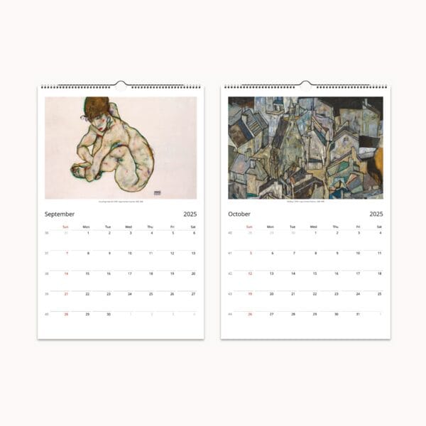 Egon Schiele Wall Calendar with 12 iconic Expressionist masterpieces. Features bold lines, raw emotion, and avant-garde vision. Printed on semi-glossy silk paper, perfect for framing after use. Ideal for art lovers and collectors.