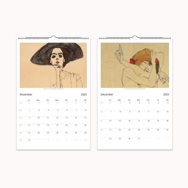 Egon Schiele Wall Calendar with 12 iconic Expressionist masterpieces. Features bold lines, raw emotion, and avant-garde vision. Printed on semi-glossy silk paper, perfect for framing after use. Ideal for art lovers and collectors.