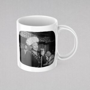 White mug with vintage jazz singer Ella Fitzgerald photo.