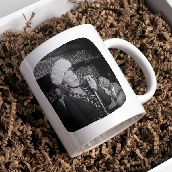 Mug with vintage singer photo of Ella Fitzgerald in packaging.