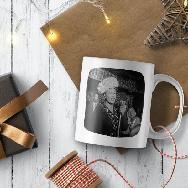 Christmas mug with vintage photo of Ella Fitzgerald and gifts