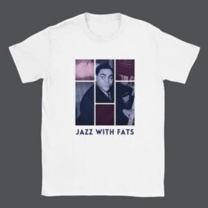 Fats Waller T-Shirt featuring vintage jazz art; perfect Jazz Legend Tee for fans of swing music and Harlem jazz scenes. Ideal Piano Player Tee for musicians, blending classic jazz themes in a stylish Retro Music T-Shirt.