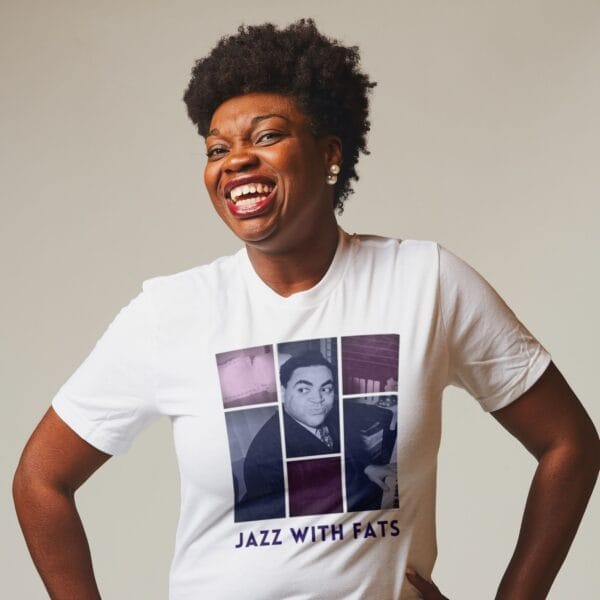 Fats Waller T-Shirt featuring vintage jazz art; perfect Jazz Legend Tee for fans of swing music and Harlem jazz scenes. Ideal Piano Player Tee for musicians, blending classic jazz themes in a stylish Retro Music T-Shirt.