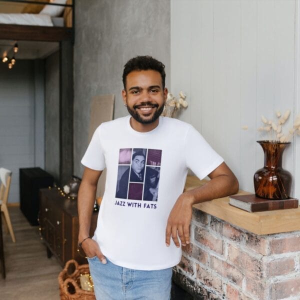 Fats Waller T-Shirt featuring vintage jazz art; perfect Jazz Legend Tee for fans of swing music and Harlem jazz scenes. Ideal Piano Player Tee for musicians, blending classic jazz themes in a stylish Retro Music T-Shirt.