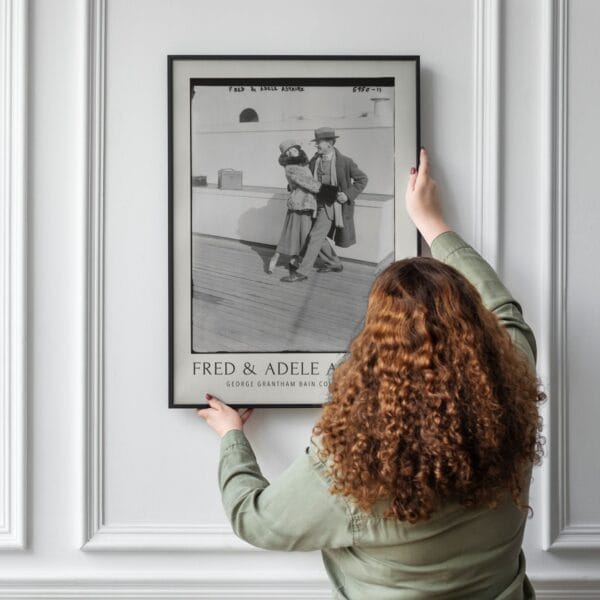 Fred and Adele Astaire vintage black and white print featuring the iconic dance duo on a ship deck, captured in the early 20th century. Classic Hollywood wall art, available as a premium museum-quality print or foam board. Perfect for film history enthusiasts and vintage decor lovers.