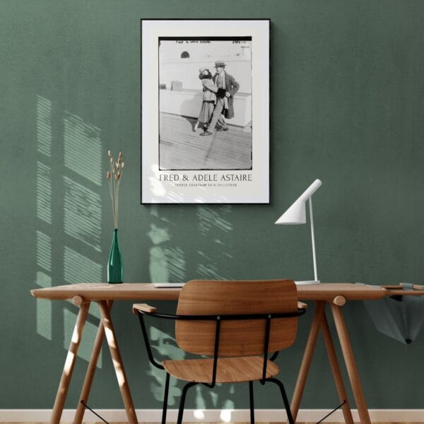 Fred and Adele Astaire vintage black and white print featuring the iconic dance duo on a ship deck, captured in the early 20th century. Classic Hollywood wall art, available as a premium museum-quality print or foam board. Perfect for film history enthusiasts and vintage decor lovers.