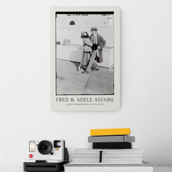 Fred and Adele Astaire vintage black and white print featuring the iconic dance duo on a ship deck, captured in the early 20th century. Classic Hollywood wall art, available as a premium museum-quality print or foam board. Perfect for film history enthusiasts and vintage decor lovers.