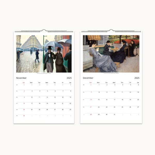 Gustave Caillebotte Wall Calendar featuring Impressionist paintings of Parisian urban scenes, landscapes, and daily life. Fine art calendar with high-quality prints, ideal for home decor and art lovers.