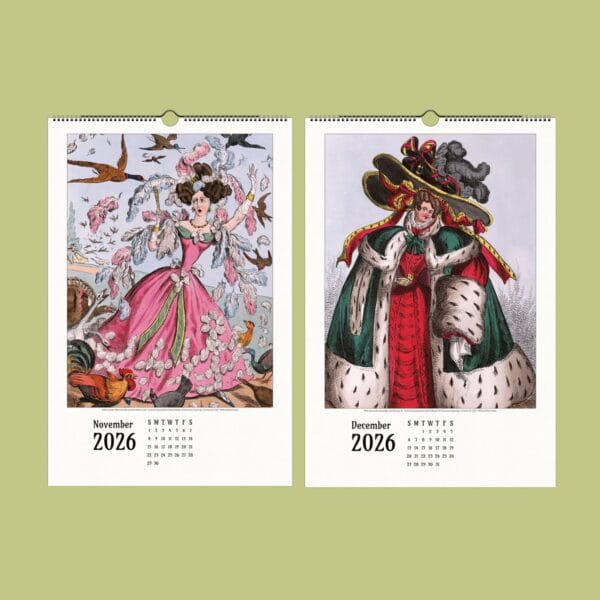 Hats Off to History! Wall Calendar – A restored collection of 19th-century satirical fashion illustrations with extravagant hats and witty caricatures. A blend of historical humor and vintage artistry, perfect for decor, gifting, or framing.