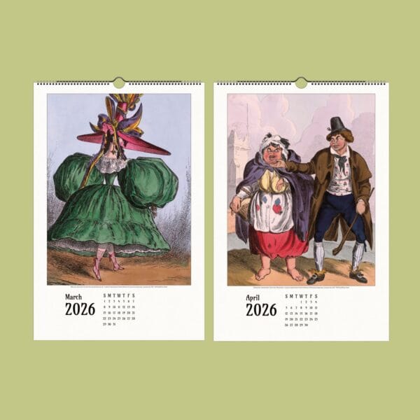 Hats Off to History! Wall Calendar – A restored collection of 19th-century satirical fashion illustrations with extravagant hats and witty caricatures. A blend of historical humor and vintage artistry, perfect for decor, gifting, or framing.