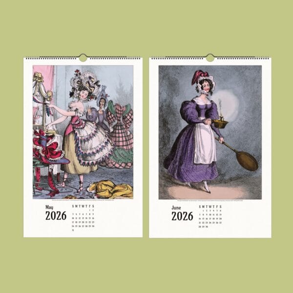 Hats Off to History! Wall Calendar – A restored collection of 19th-century satirical fashion illustrations with extravagant hats and witty caricatures. A blend of historical humor and vintage artistry, perfect for decor, gifting, or framing.