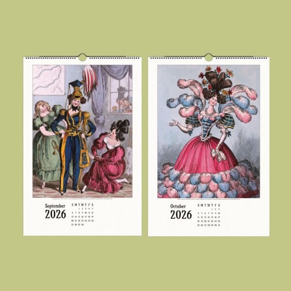 Hats Off to History! Wall Calendar – A restored collection of 19th-century satirical fashion illustrations with extravagant hats and witty caricatures. A blend of historical humor and vintage artistry, perfect for decor, gifting, or framing.