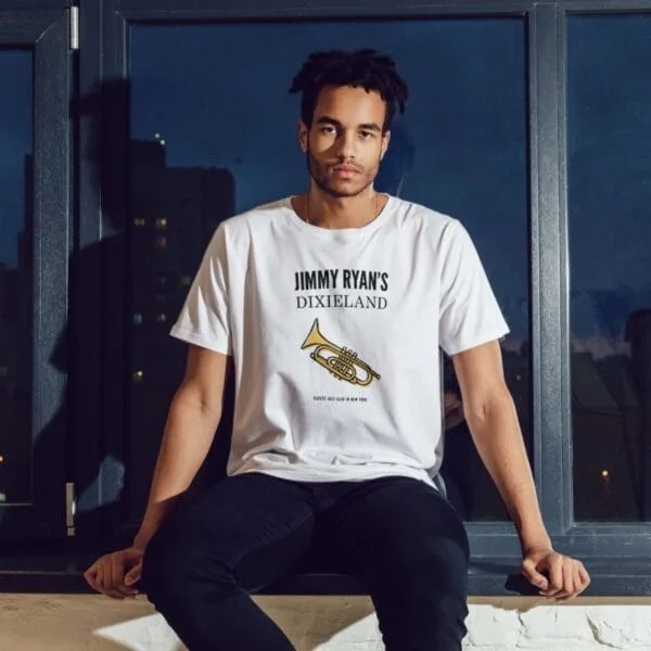 Jimmy Ryans Dixieland Jazz T-shirt featuring a vintage trumpet design and bold typography, celebrating the legacy of New Yorks legendary jazz club. Soft, unisex fit, perfect for jazz lovers, musicians, and festival-goers.