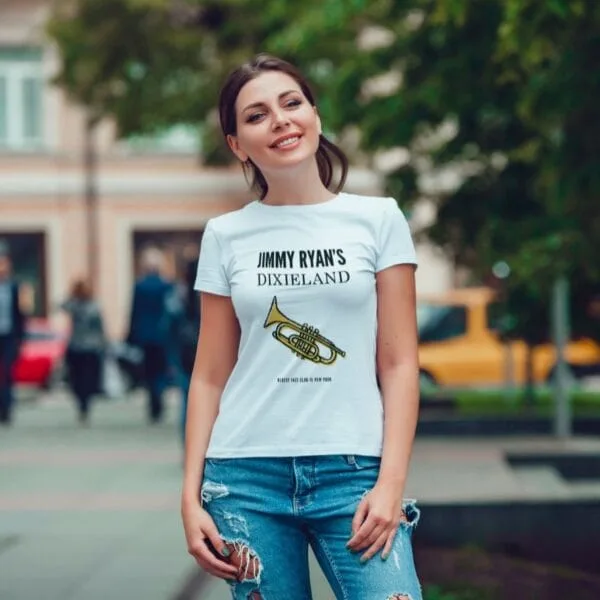 Jimmy Ryans Dixieland Jazz T-shirt featuring a vintage trumpet design and bold typography, celebrating the legacy of New Yorks legendary jazz club. Soft, unisex fit, perfect for jazz lovers, musicians, and festival-goers.